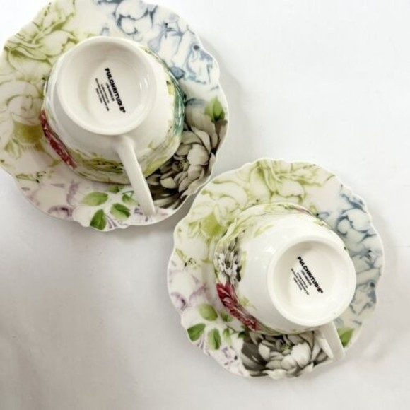 Pulchritudie Eileen's Peony set of 2 teacups & saucers Pink Blue Green 3 in - Picture 13 of 15